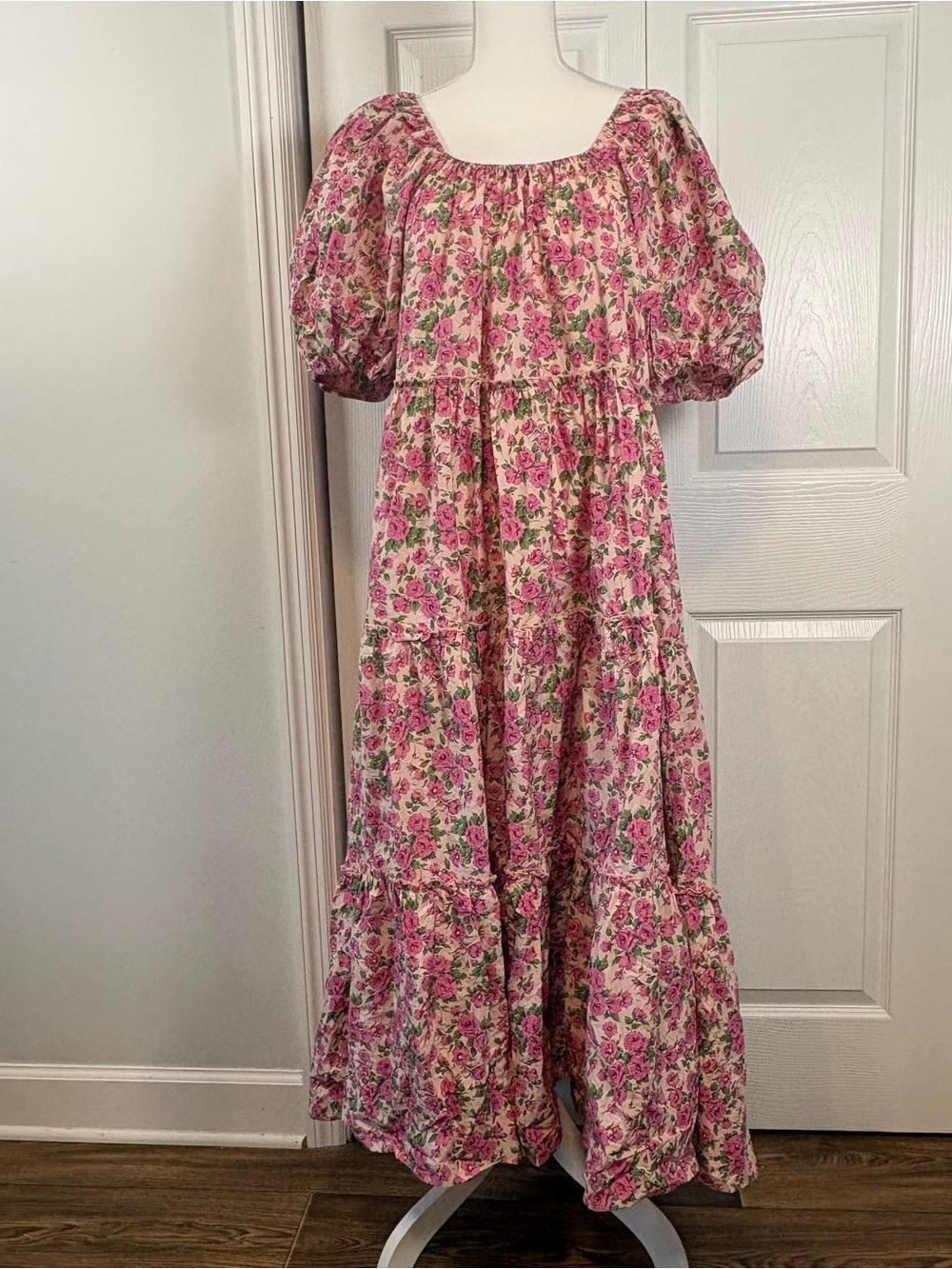 Flowy Prairie Cottagecore Floral Maxi Dress Square Neck Puff Sleeve Pockets - Picture 2 of 7